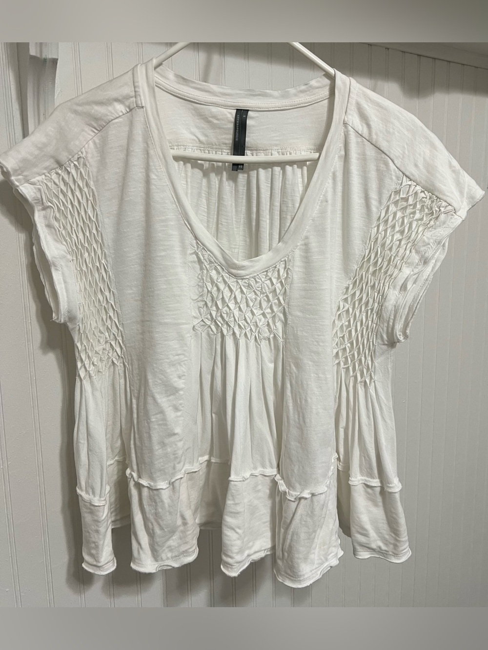 Anthropologie White Smocked Short Sleeve Peasant Top Size Small